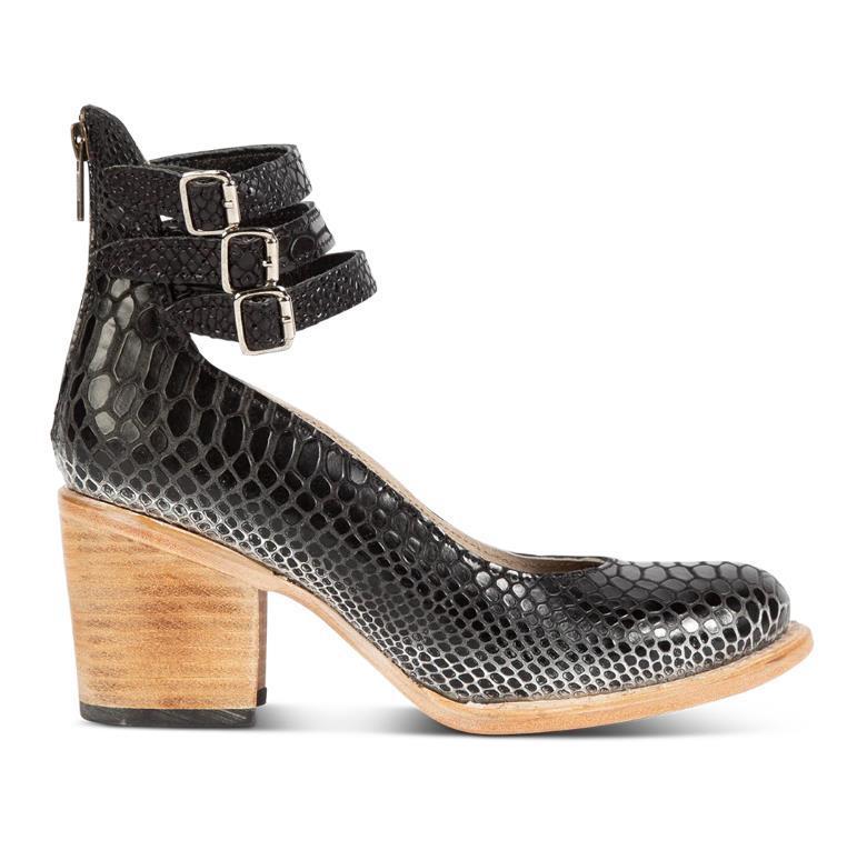 Escarpins à talons hauts à trois boutons pour femme, imprimé serpent